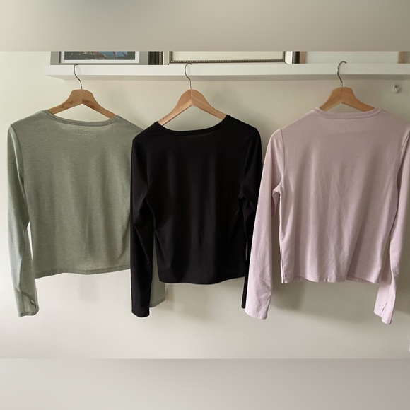 Set of THREE Medium Athleta Essence Twist Front Tops:  Black, Pink & Green - Picture 2 of 5